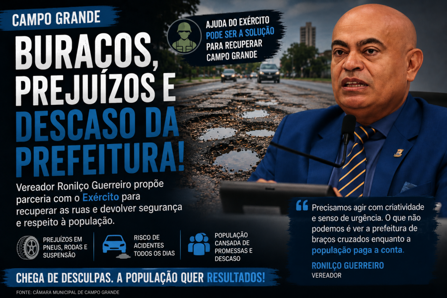 Campo Grande afunda nos buracos enquanto Prefeitura patina; vereador propõe ajuda do Exército para enfrentar o caos